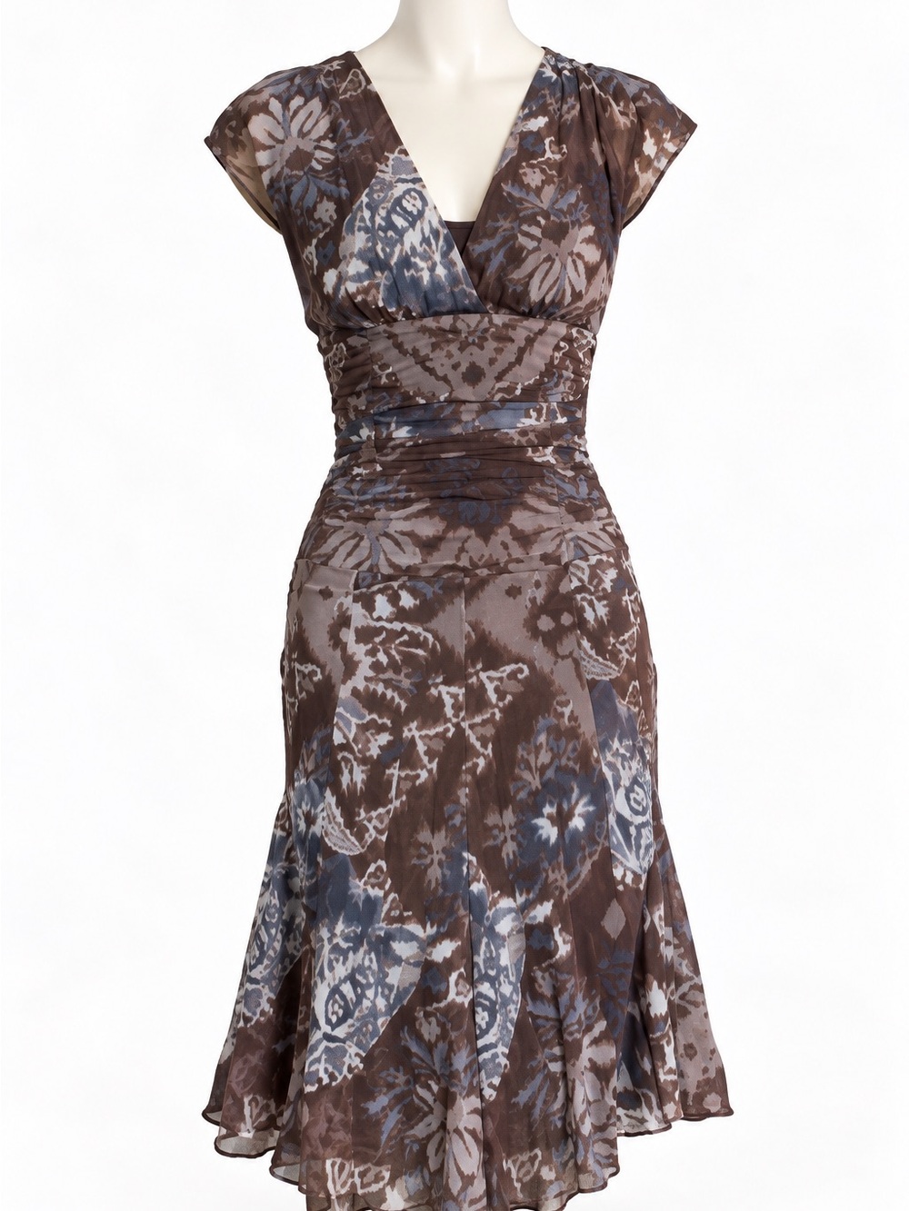 Vtg Karen Kane Brown Blue Floral V-Neck Lined Midi A-Line Gown Dress Size Medium